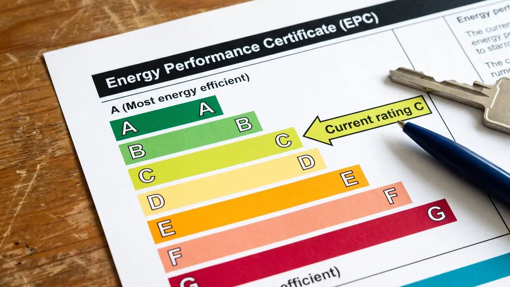A UK Energy Performance Certificate (EPC) rating chart showing bands A to G