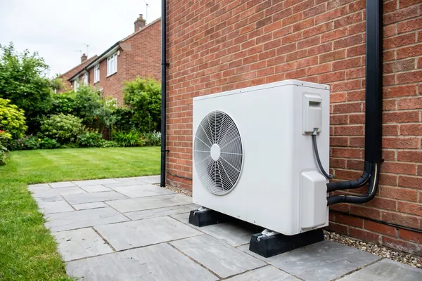 Air source heat pump installed outside a UK home