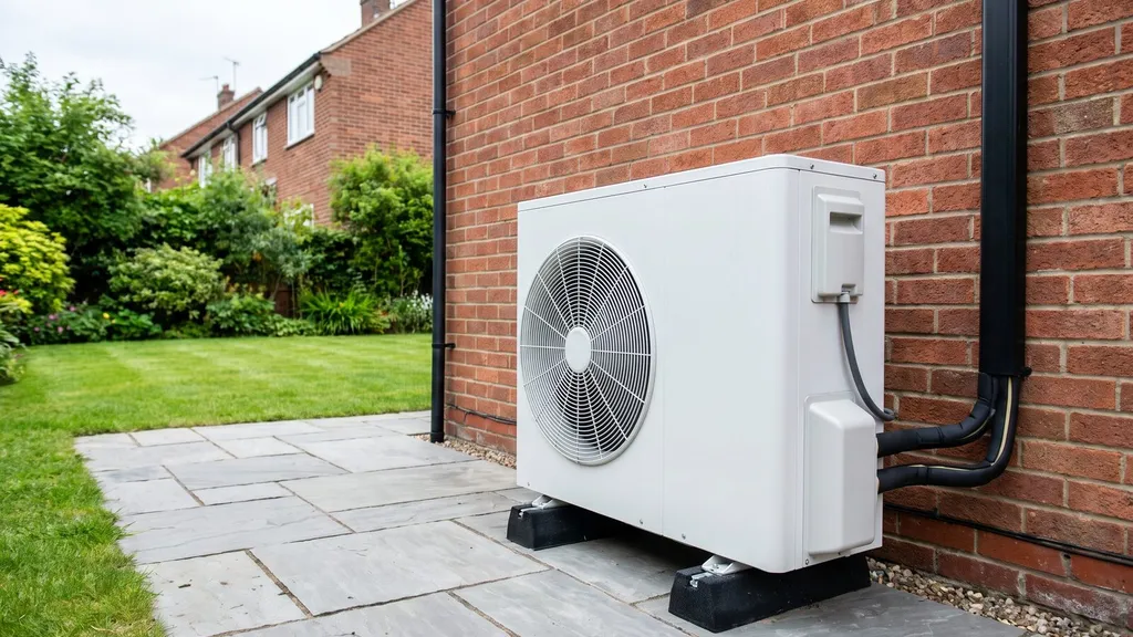 Air source heat pump outside a rural off-grid UK home