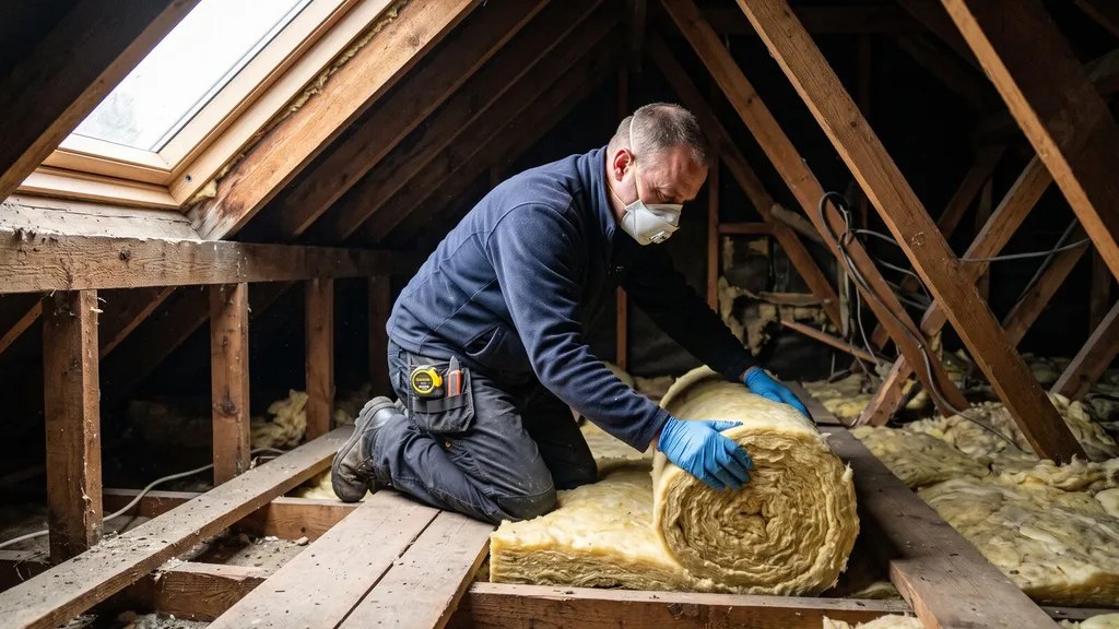 Loft insulation being installed in a UK home