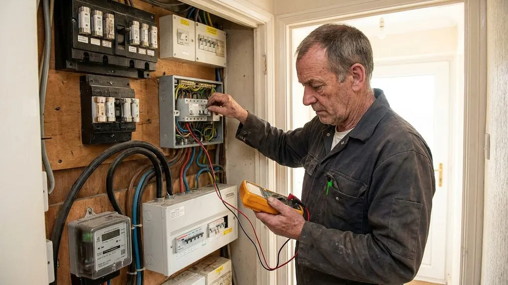 UK domestic electrical fuse board and meter being checked by an electrician