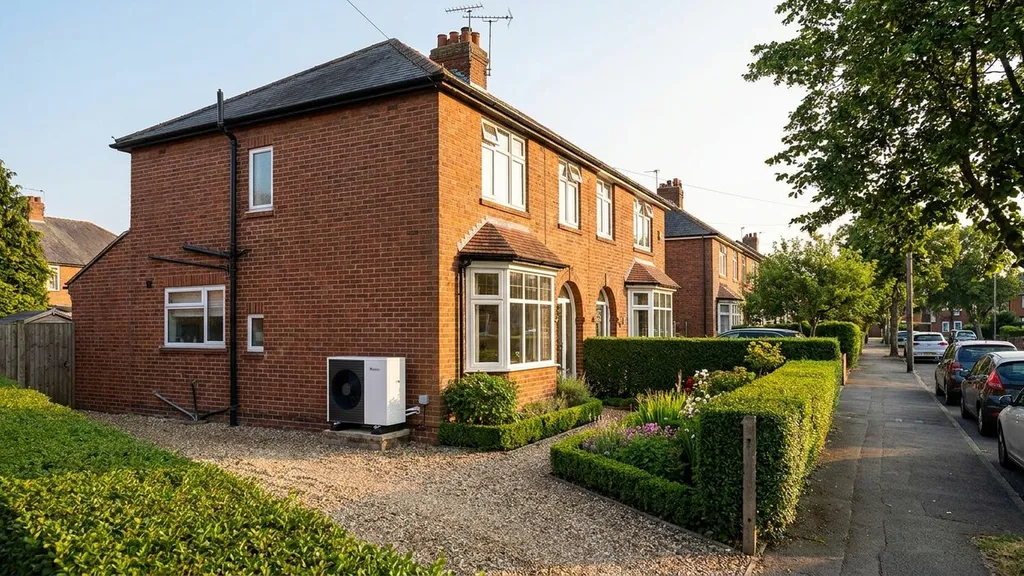 UK semi-detached home with an air source heat pump installed outside