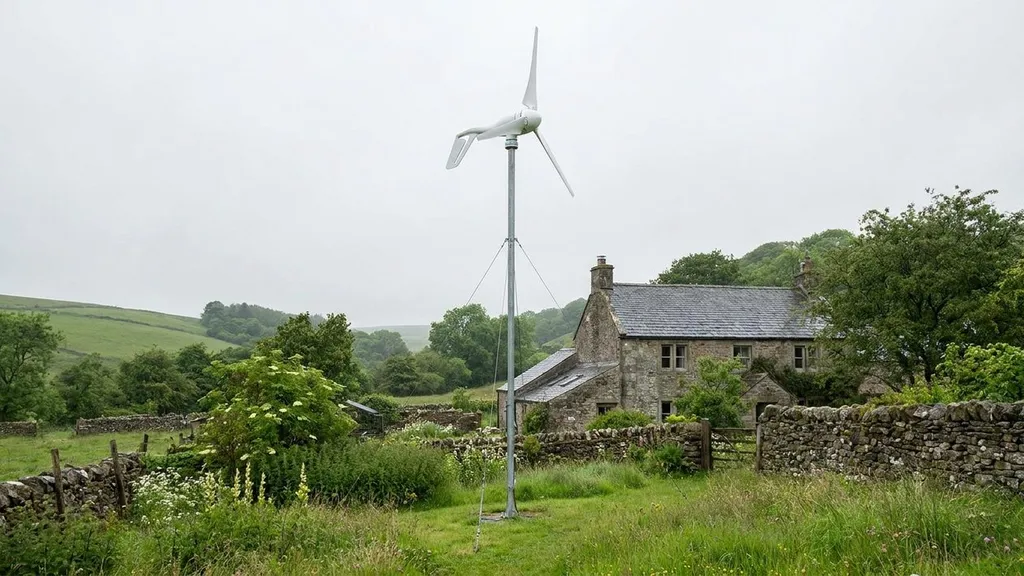 Small pole-mounted domestic wind turbine in a rural UK garden